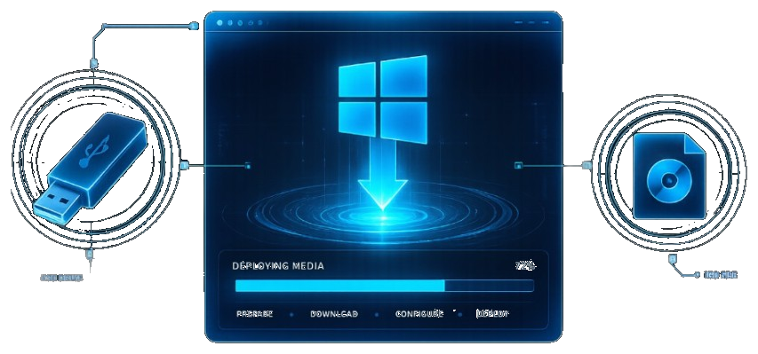 Holographic diagram of USB drive and ISO file connected to a Windows deployment console showing media deployment progress